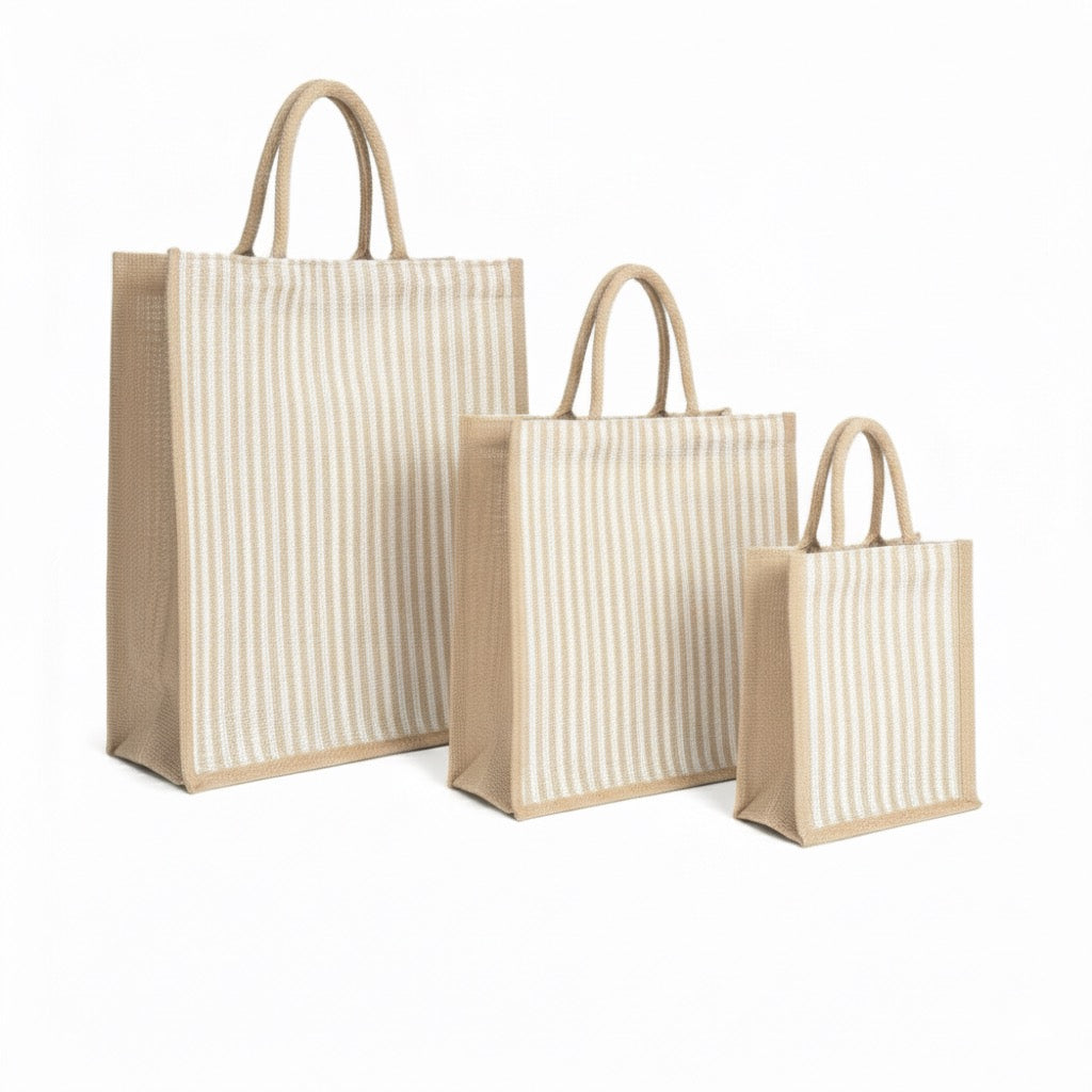 Large Striped Jute Tote Bag with Zipper |( 14x16x5 - 12x14x5 - 10x12x5 Inch ) Eco-Friendly Handbag for Women & Office Use (Combo of 3 Sizes)