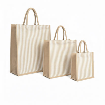 Large Striped Jute Tote Bag with Zipper |( 14x16x5 - 12x14x5 - 10x12x5 Inch ) Eco-Friendly Handbag for Women & Office Use (Combo of 3 Sizes)