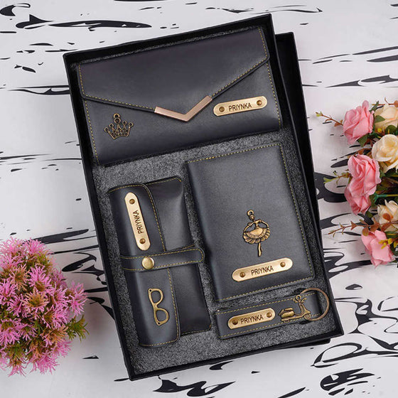 Etchvara Personalized Ladies 4 Pc Gift Set – Wallet, Passport Cover, Eyewear Case & Keychain for Raksha Bandhan, Birthday & Anniversary