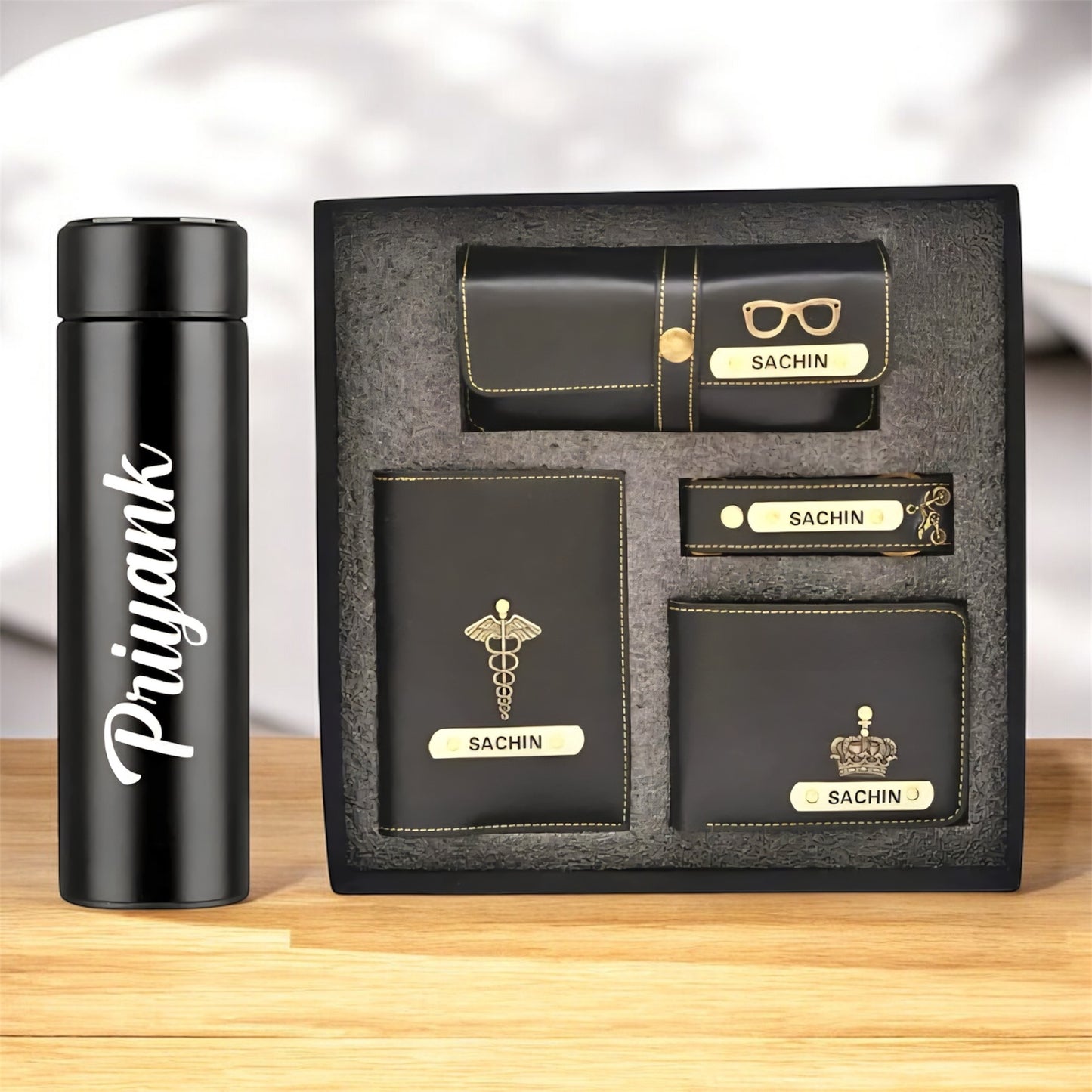 Personalized Men’s Gift Combo | Custom Leather Wallet, Passport Cover, Eyewear Case, Keychain & Temperature Bottle | 5-in-1 Gifting Set