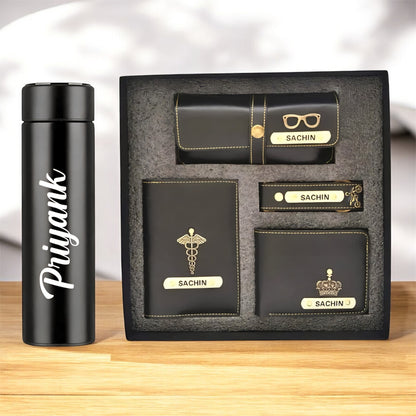 Personalized Men’s Gift Combo | Custom Leather Wallet, Passport Cover, Eyewear Case, Keychain & Temperature Bottle | 5-in-1 Gifting Set
