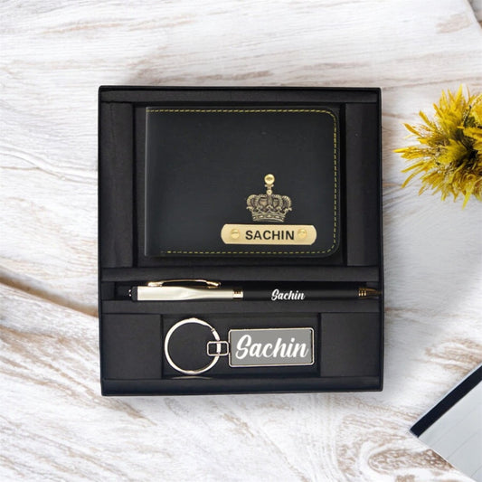 Etchvara Personalized Leather Wallet, Pen & Keychain Set – Gift for Men