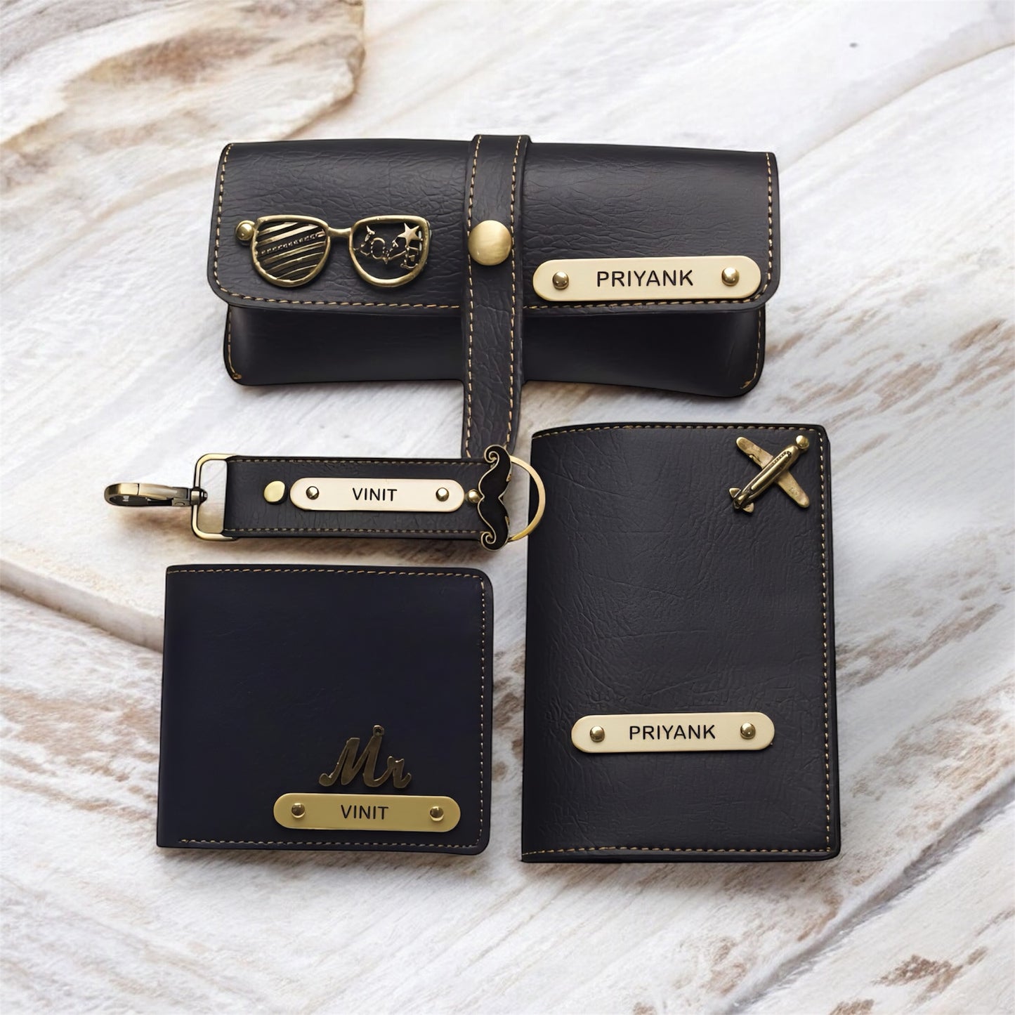 Etchvara 4-in-1 Personalized Leather Gift Set for Men – Wallet, Passport, Eyewear Case