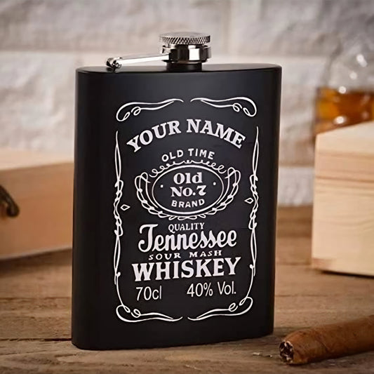 Personalized Hip Flask – 210ml Black Stainless Steel | Custom Name Engraving | Premium Gift for Men
