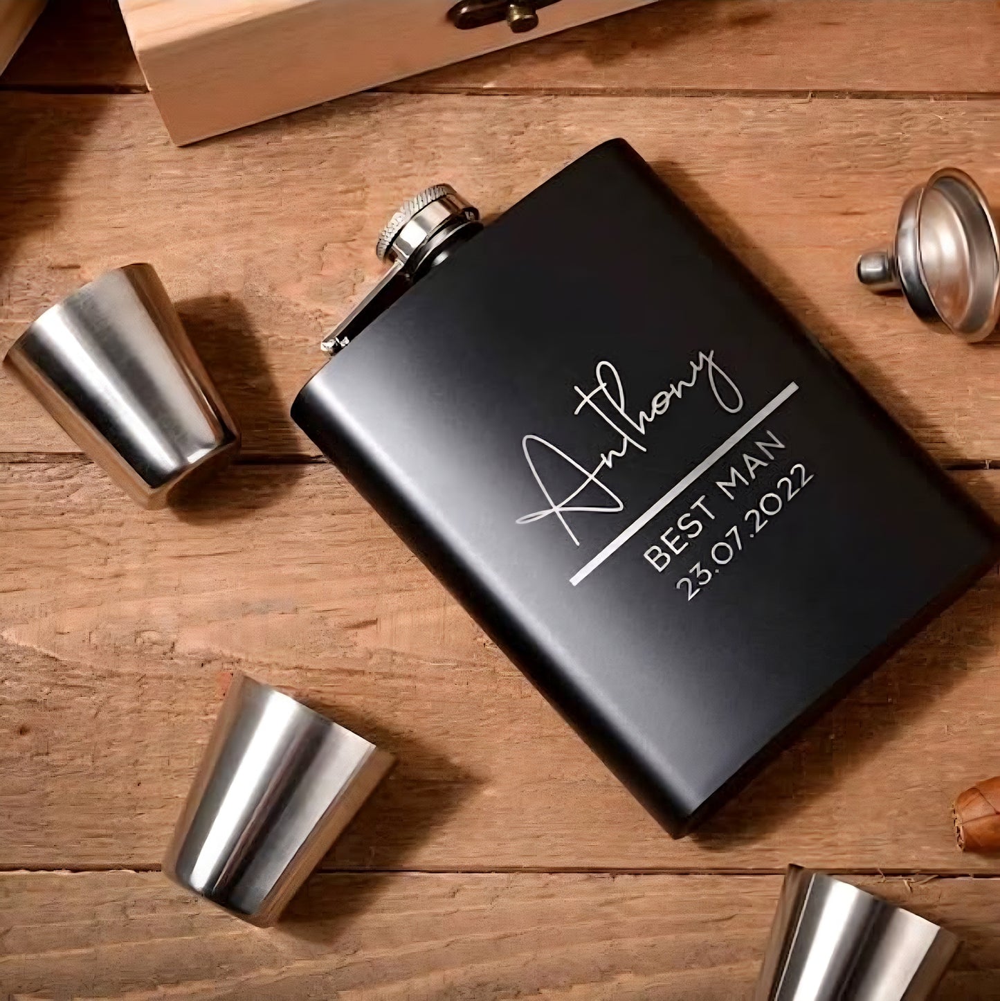 Personalized Hip Flask – 210ml Black Stainless Steel | Custom Name Engraving | Premium Gift for Men