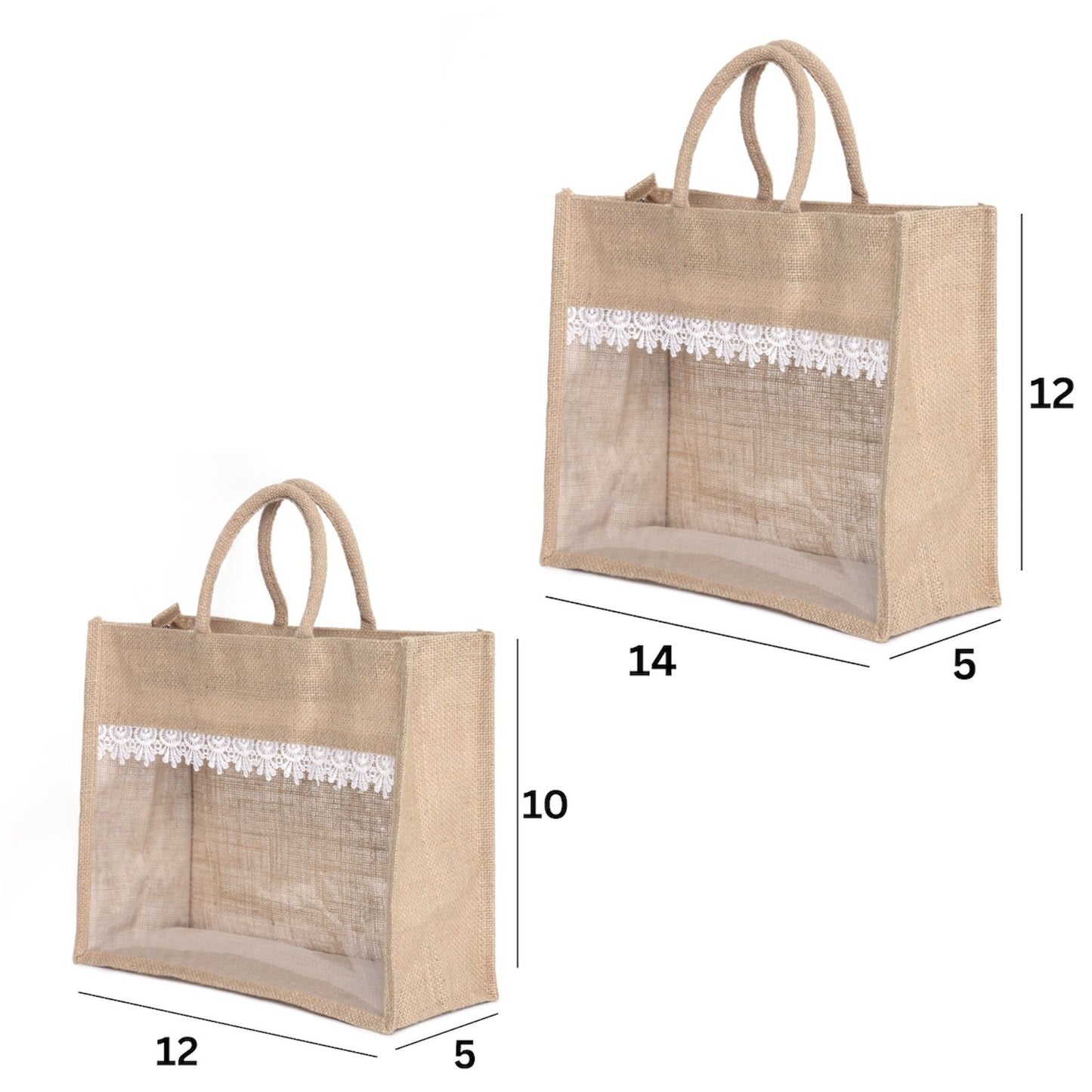 Jute Gift Bag Set of 2 – 12x10x5 & 14x12x5 Inch with Transparent Window for Gifting