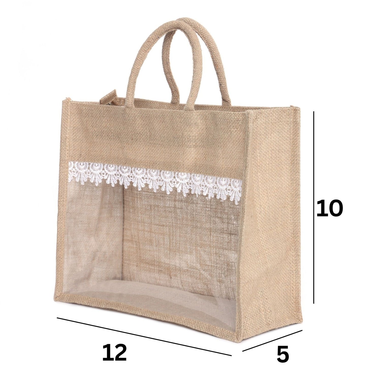 Jute Gift Bag Set of 2 – 12x10x5 & 14x12x5 Inch with Transparent Window for Gifting