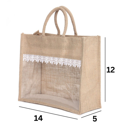 Jute Gift Bag Set of 2 – 12x10x5 & 14x12x5 Inch with Transparent Window for Gifting