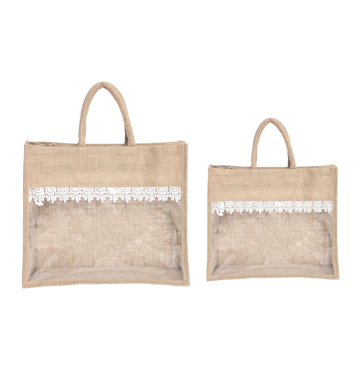 Jute Gift Bag Set of 2 – 12x10x5 & 14x12x5 Inch with Transparent Window for Gifting