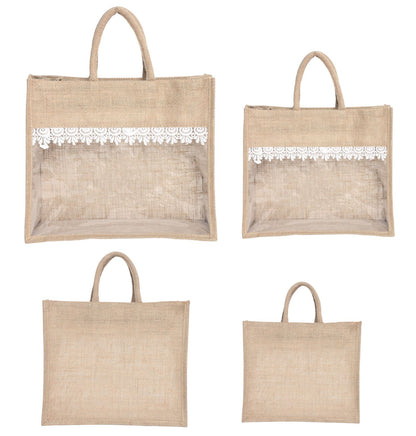 Jute Gift Bag Set of 2 – 12x10x5 & 14x12x5 Inch with Transparent Window for Gifting