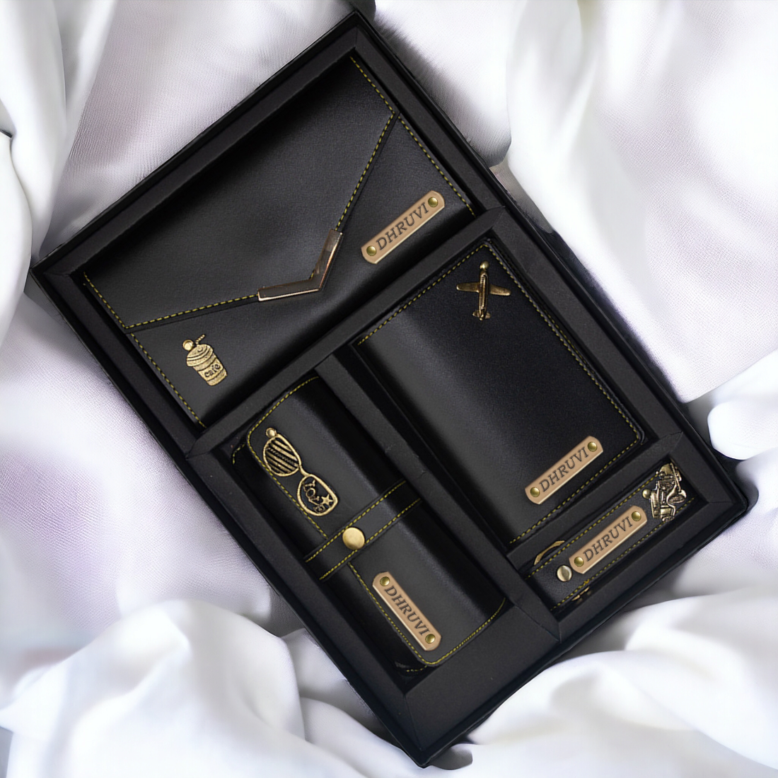 Etchvara Personalized Ladies 4 Pc Gift Set – Wallet, Passport Cover, Eyewear Case & Keychain for Raksha Bandhan, Birthday & Anniversary