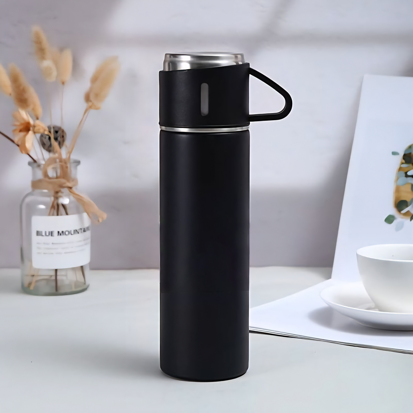 Etchvara 500ml Stainless Steel Thermo Flask – Vacuum Insulated Hot & Cold Water Bottle with 2 Cups, Custom Name/Text, Travel & Office Gift