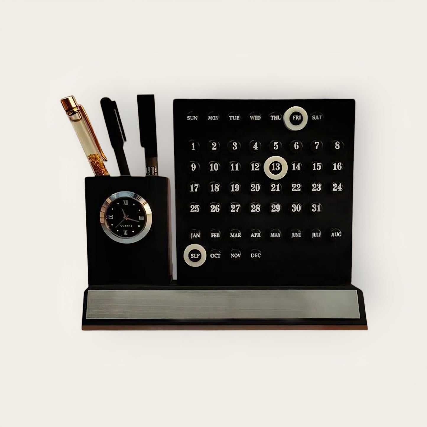 Multipurpose Desk Organizer with Infinity Calendar & Watch | Pen Stand with Business Card & Phone Holder | Office & Study Table Accessory